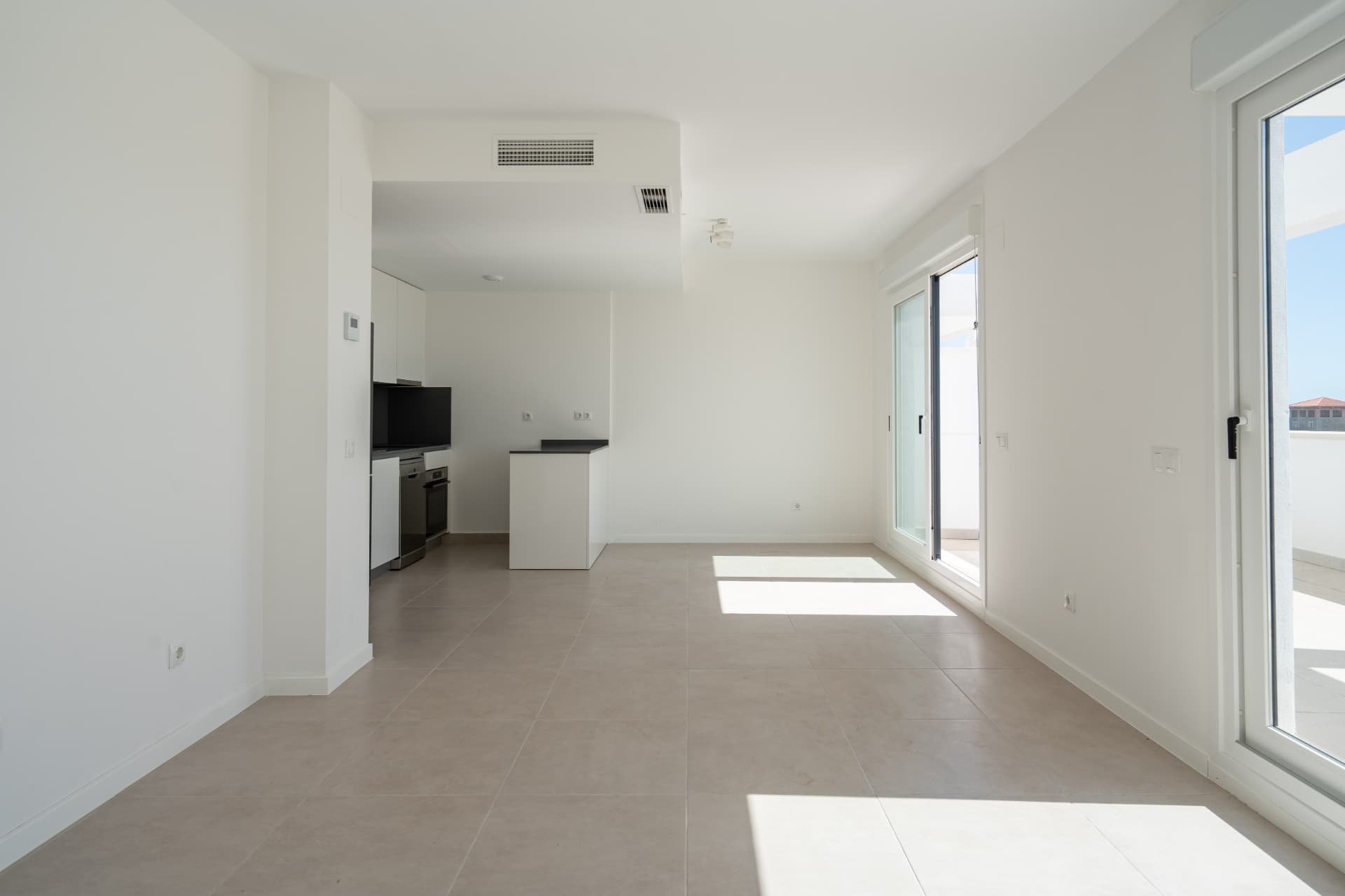 Living and dining area with open kitchen