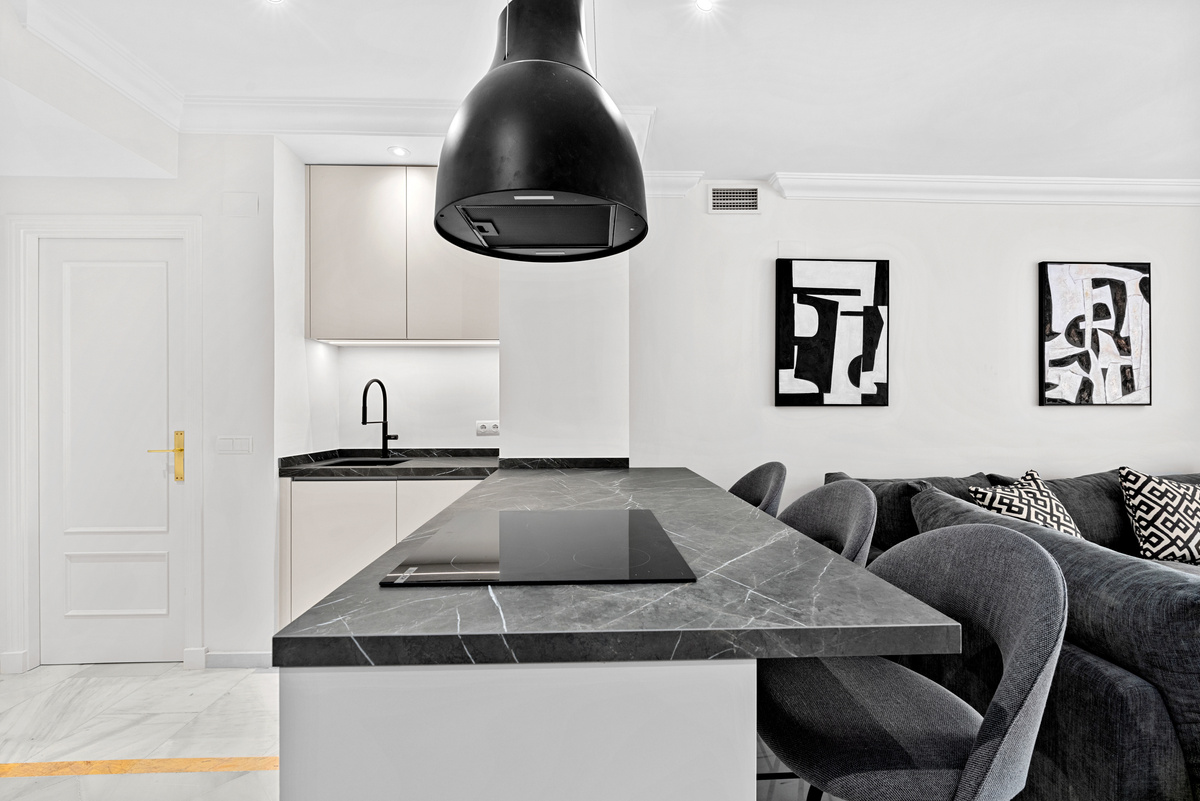 Modern kitchen island and dining area